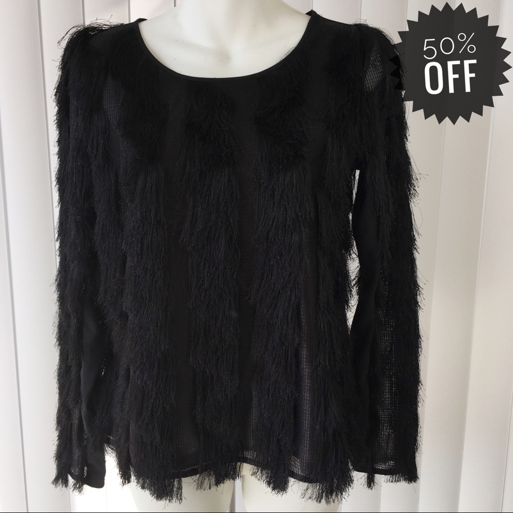 Ann Taylor Long Sleeve Black Fringe Top A13